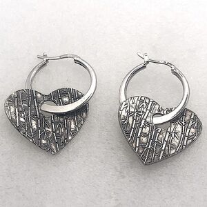 VTG Sterling Silver 2-Way Bamboo Pattern Heart Hoops Earrings 1” / 1.5”